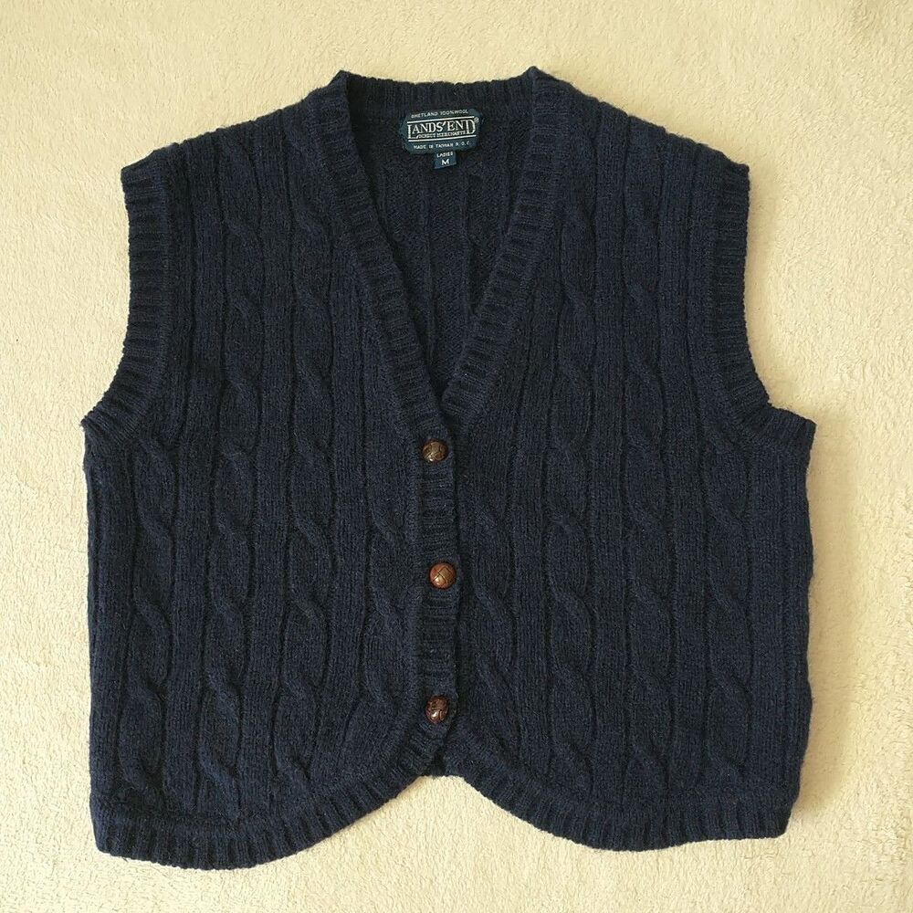 Vtg Lands' End Sweater Vest Womens M Blue Shetland Wool Cable Knit Button V Neck